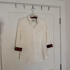 Burberry White Shirt with Brown and Rust-Orange Collar Trim